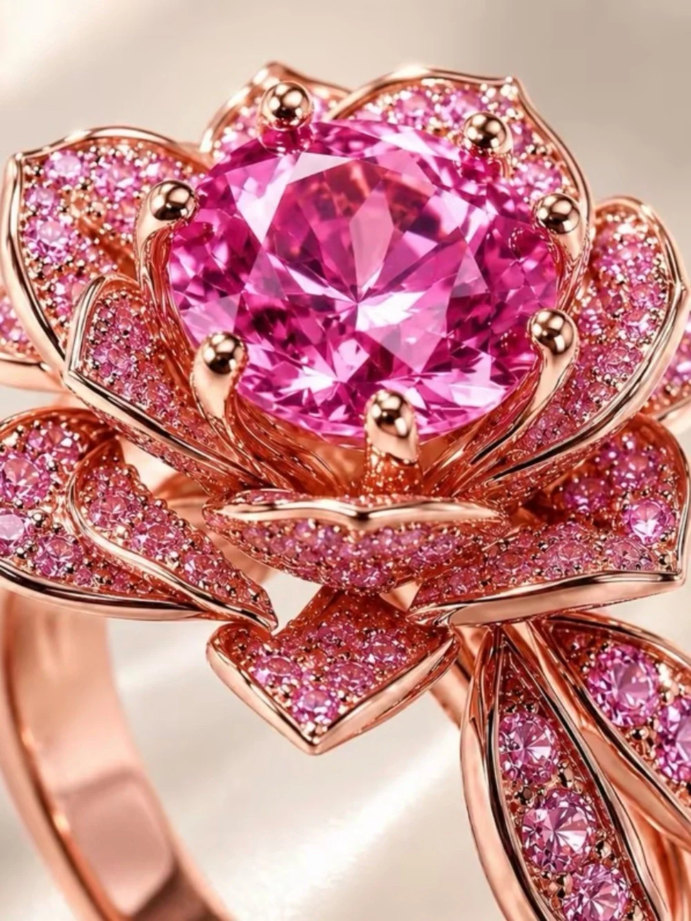 Elegant Pink Flower Cocktail Ring - Rose Gold Tone